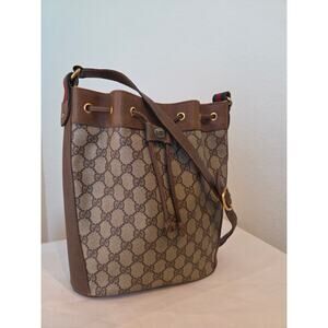 Gucci GG Supreme Monogram Bucket Bag Brown Leather Drawstring Vintage Web Stripe